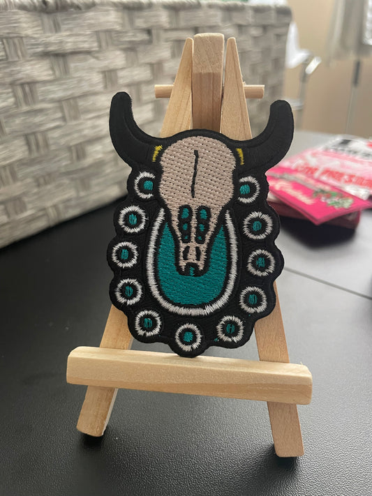 Concho with cow skull embroidered iron on patch