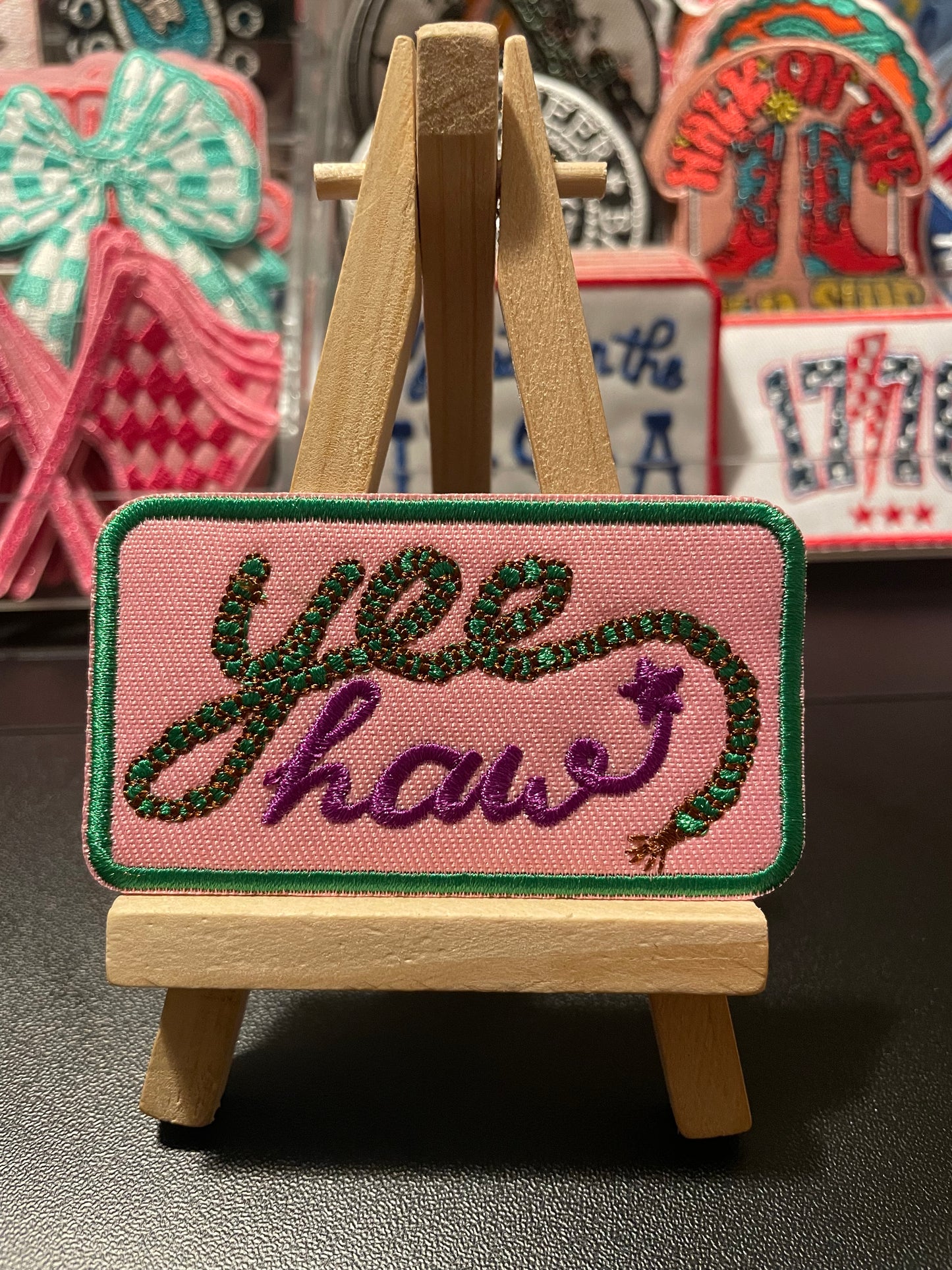 Yee haw pink/ green embroidered iron on patch